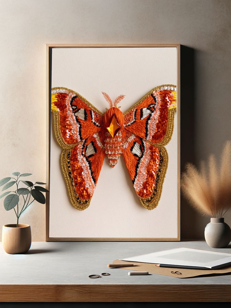 Embroidered Moth Butterfly Print. — room view 2