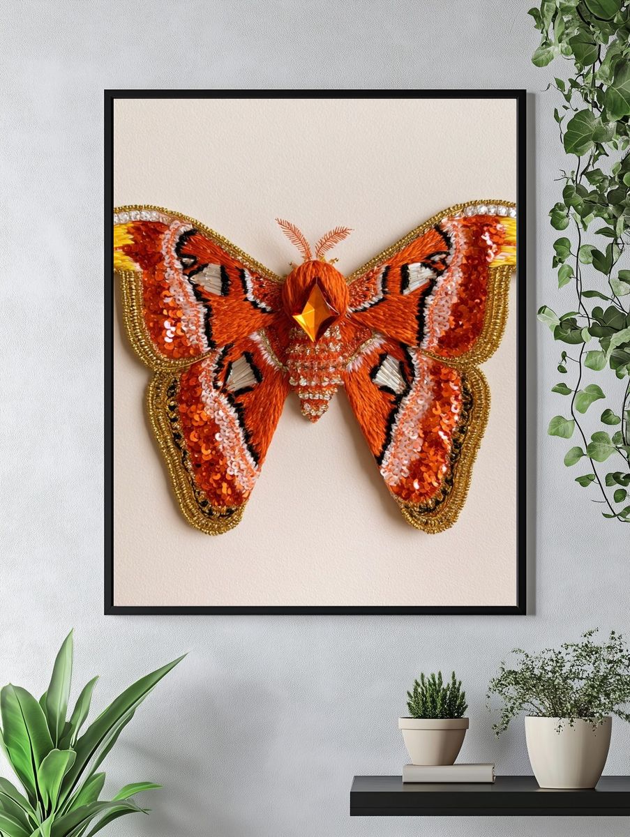 Embroidered Moth Butterfly Print. — room view 4