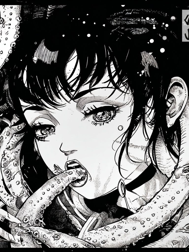 Manga Girl and Tentacles Print. poster — anime art