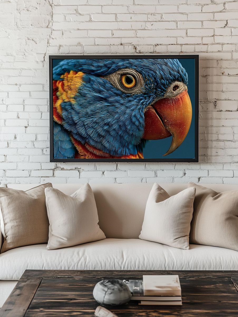 Blue Parrot Portrait Print. room preview