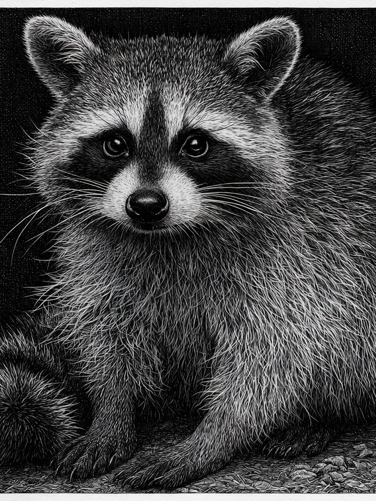 Raccoon Portrait Black-White Print. poster — animals art