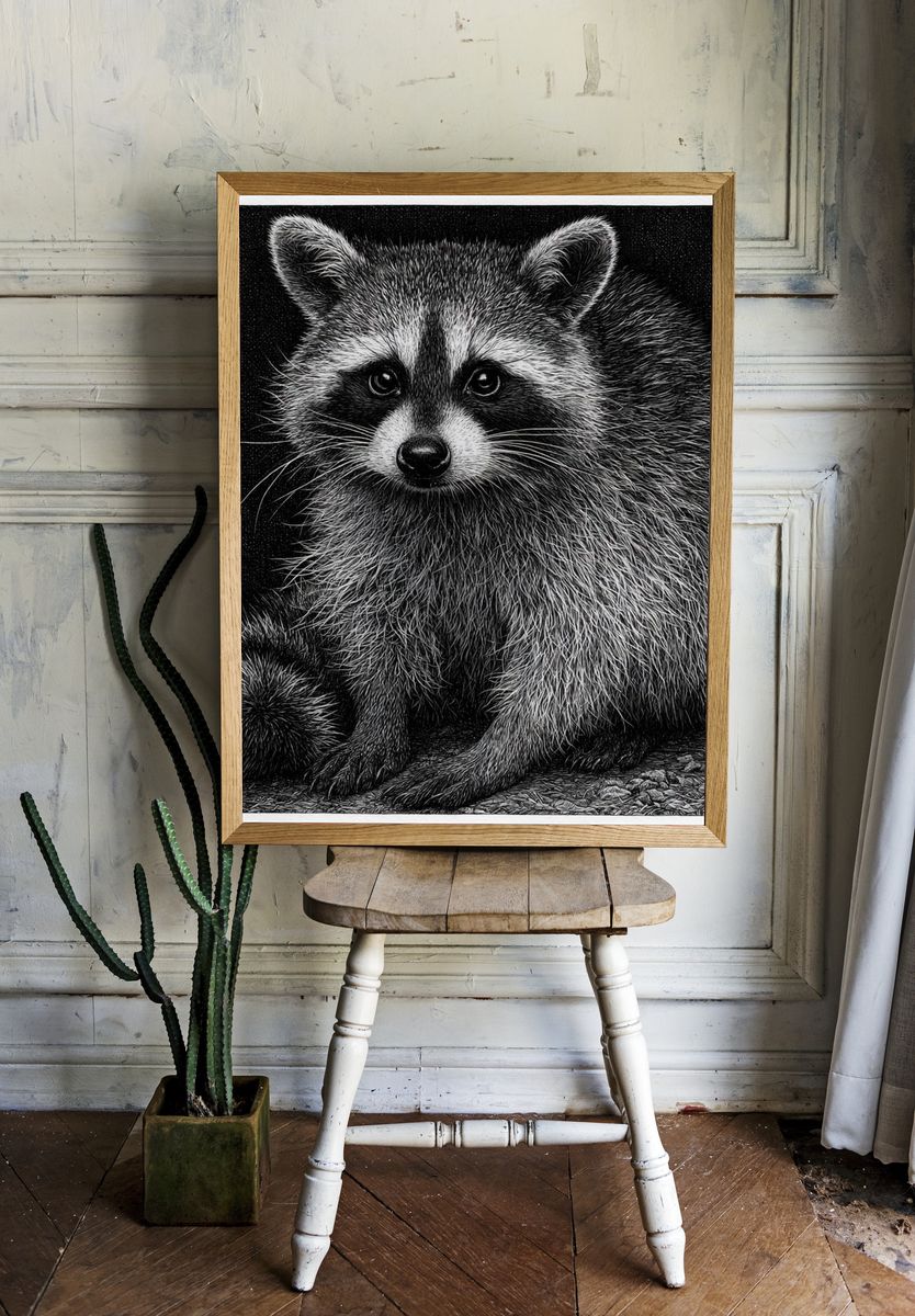 Raccoon Portrait Black-White Print. — room view 1