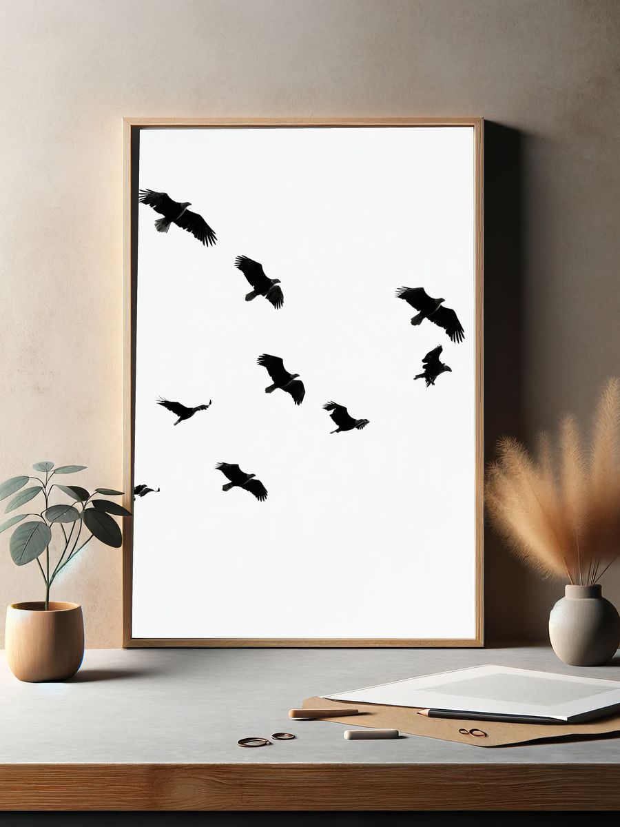 Flying Birds Black-White Poster. — room view 2