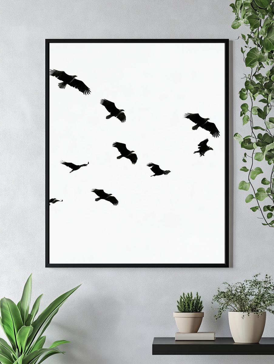 Flying Birds Black-White Poster. — room view 4