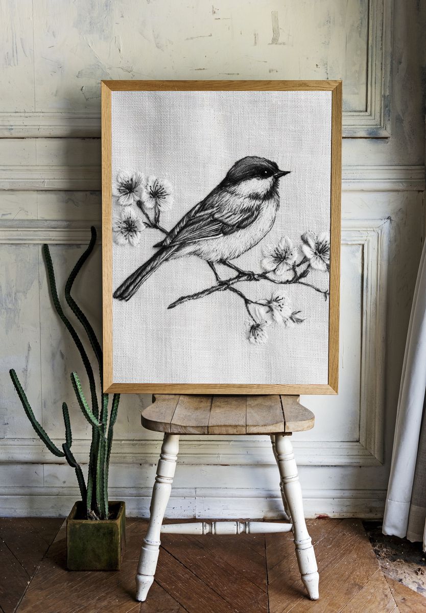 Chickadee Blossom Sketch Poster. — room view 1