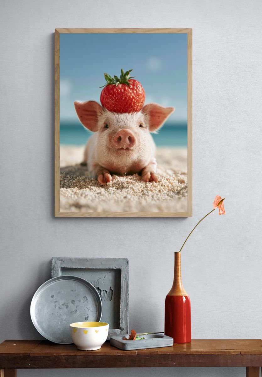 Strawberry Pig Portrait Poster. — room view 3