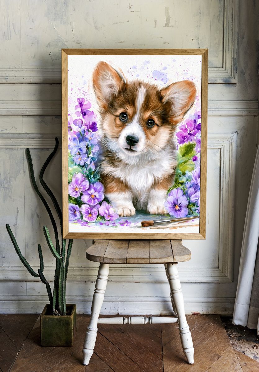 Corgi Floral Watercolor Poster. — room view 1