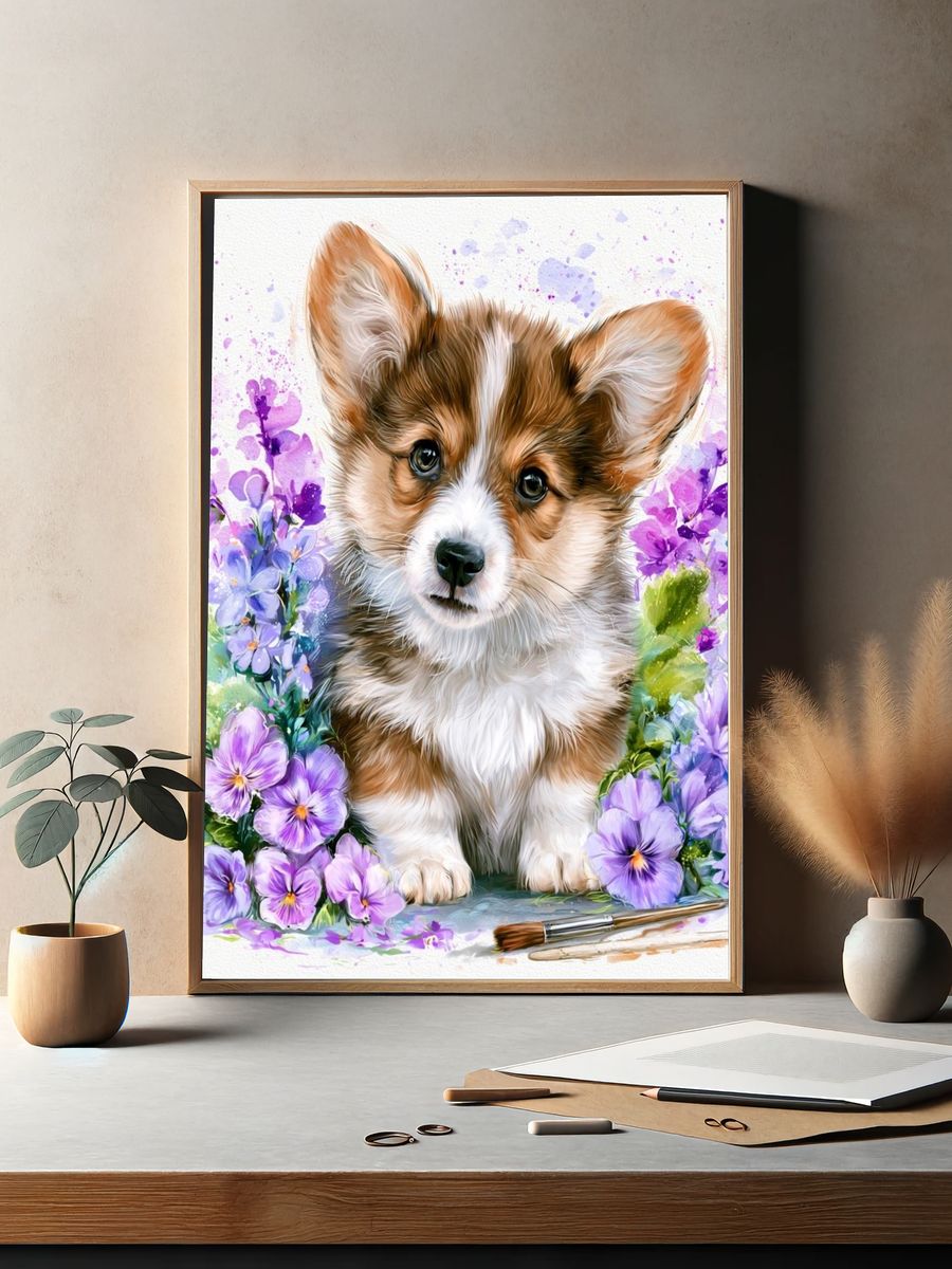 Corgi Floral Watercolor Poster. — room view 2