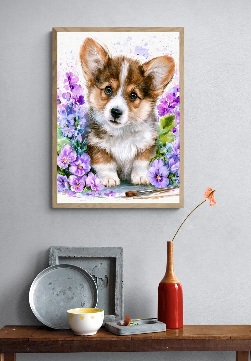 Corgi Floral Watercolor Poster. — room view 3