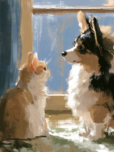 Cat and Dog by the Window Poster. poster