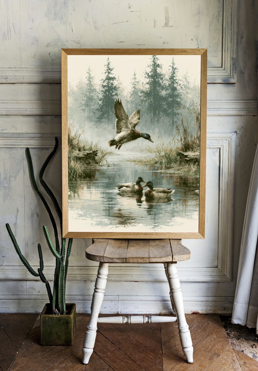 Misty Ducks Wetland Illustration Poster. — room view 1