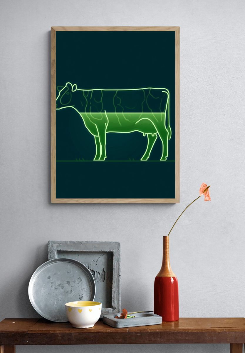 Neon Cow Line Art Poster. — room view 3
