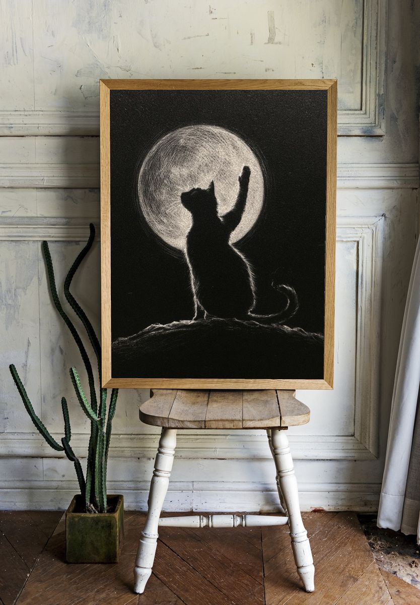 Moonlit Cat Silhouette Print. — room view 1