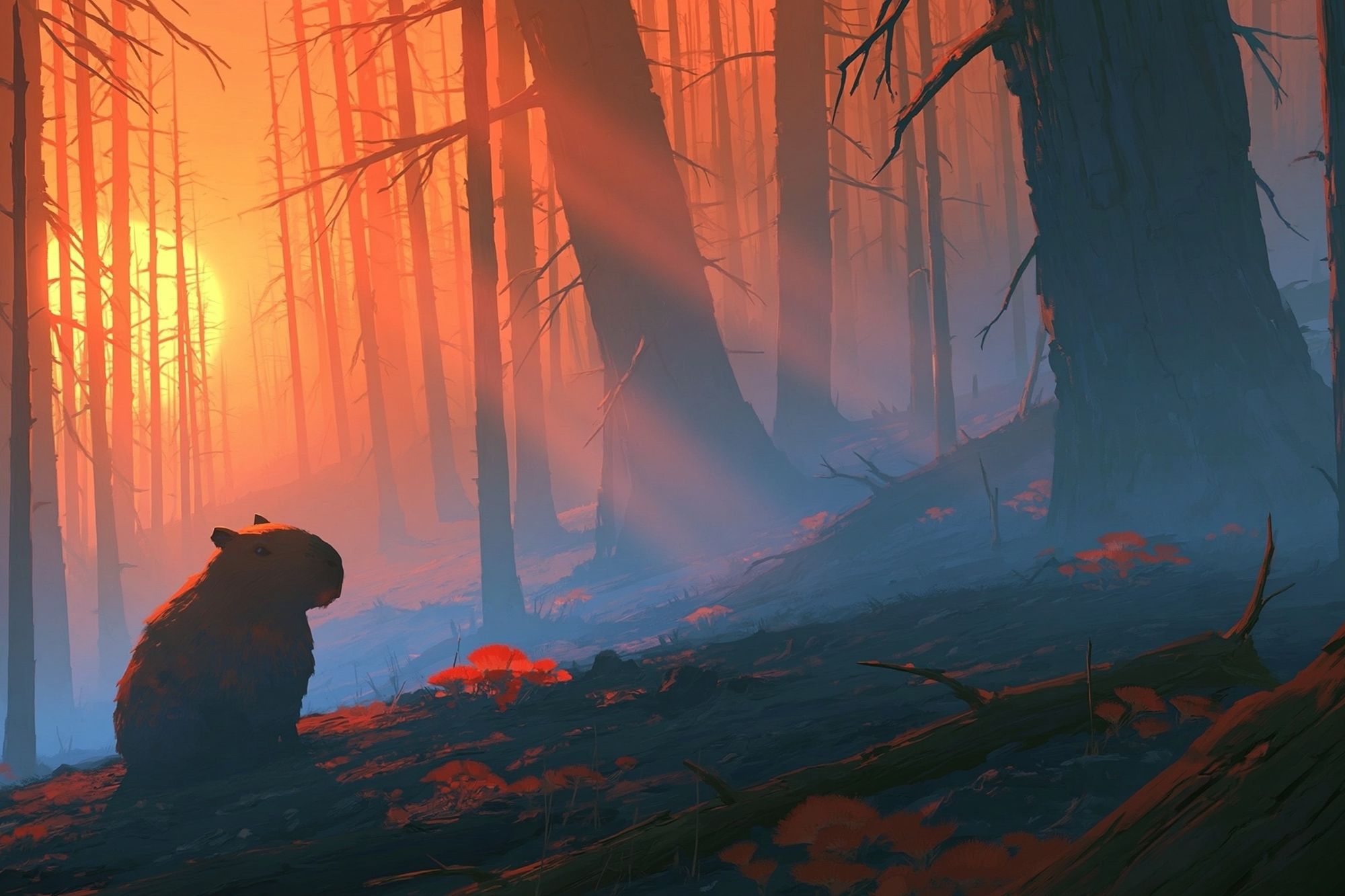 Capybara Forest Sunrise Illustration Poster. poster — animals art