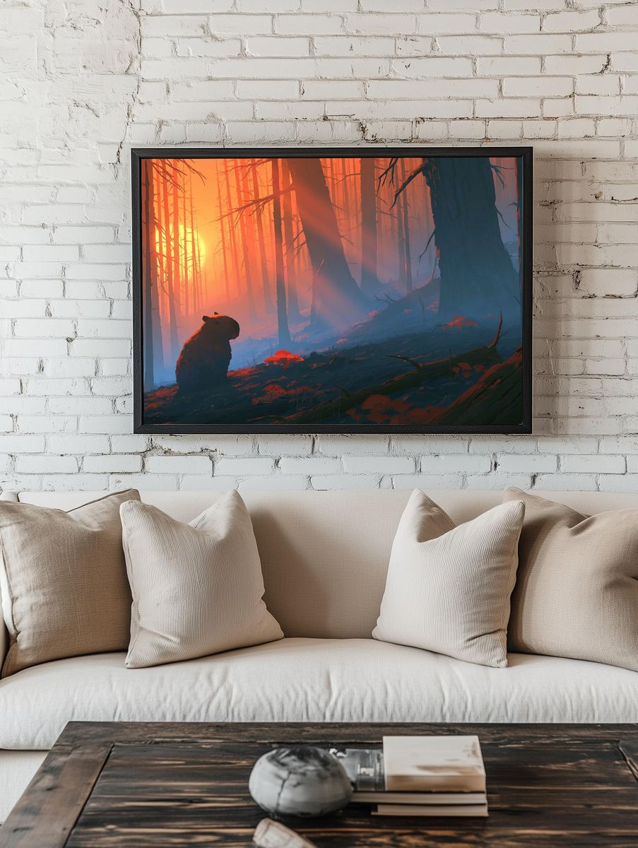 Capybara Forest Sunrise Illustration Poster. — room view 1