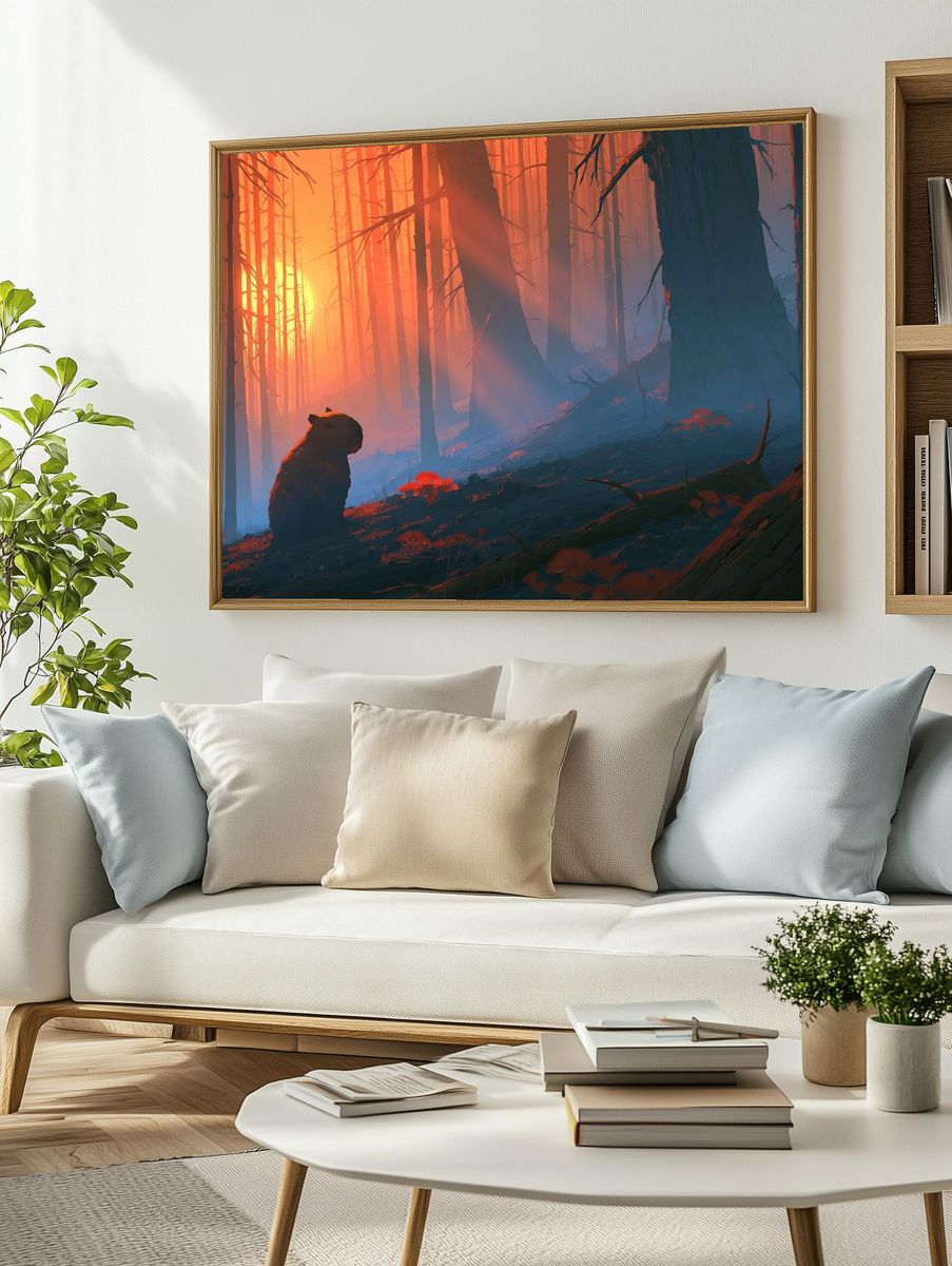 Capybara Forest Sunrise Illustration Poster. — room view 2