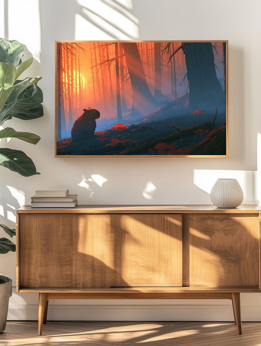 Capybara Forest Sunrise Illustration Poster. — room view 3