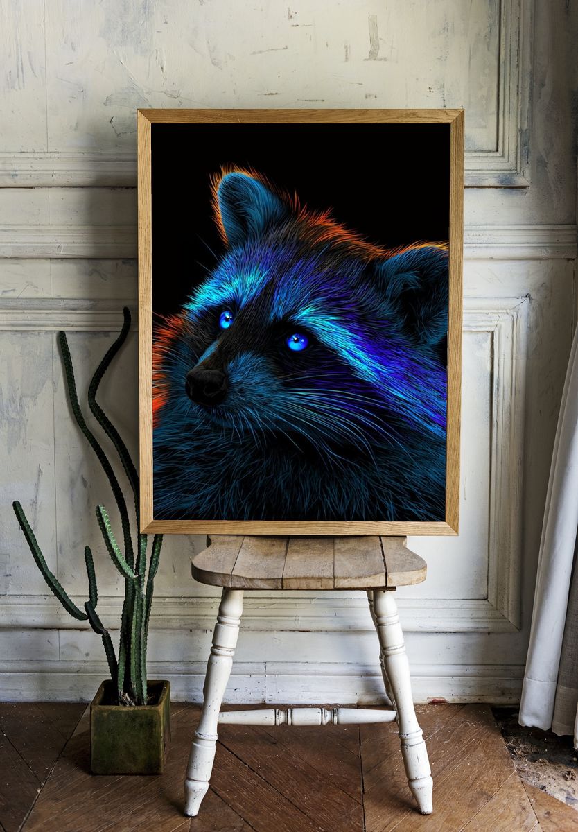 Neon Raccoon Portrait Print. — room view 1