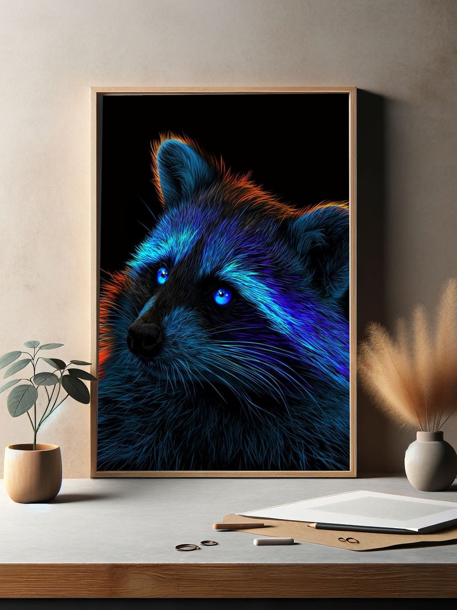 Neon Raccoon Portrait Print. — room view 2