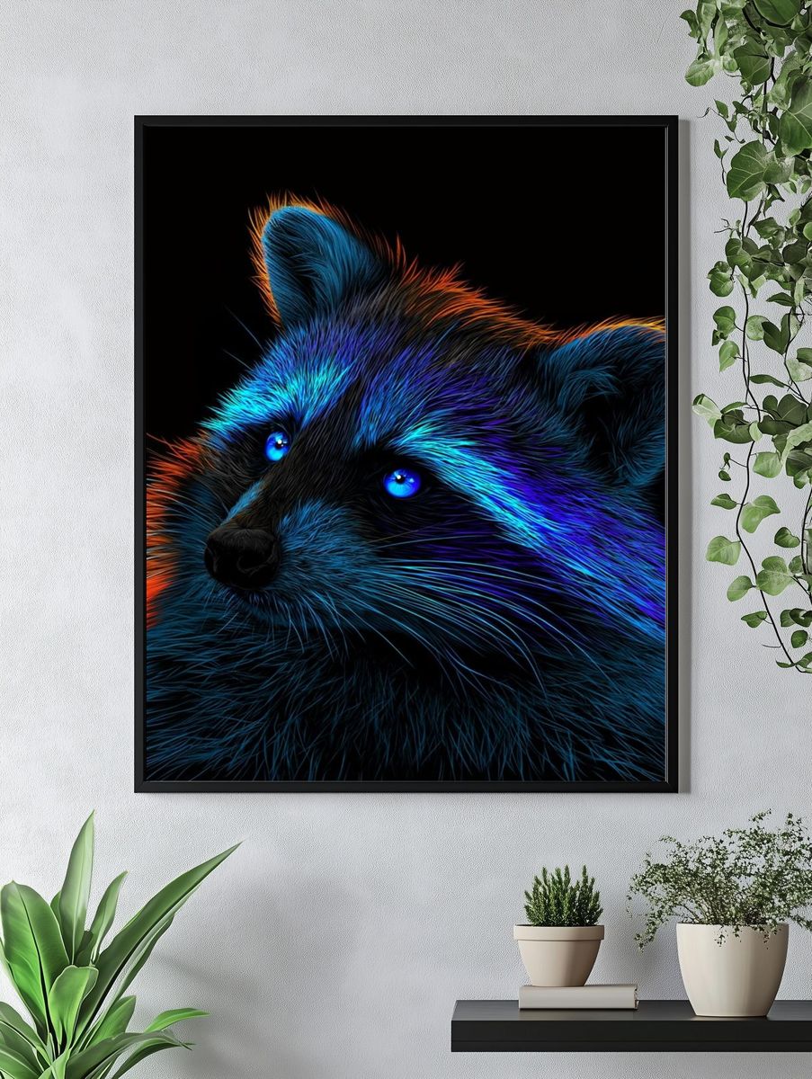 Neon Raccoon Portrait Print. — room view 4