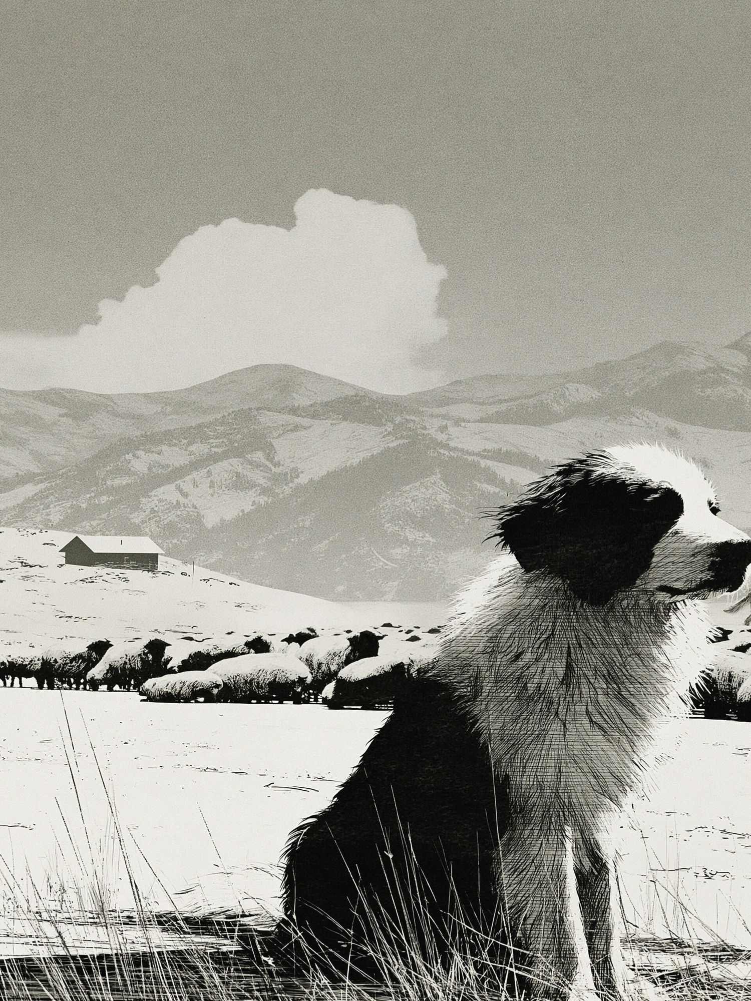 Border Collie in Snowy Mountains Print. poster detail