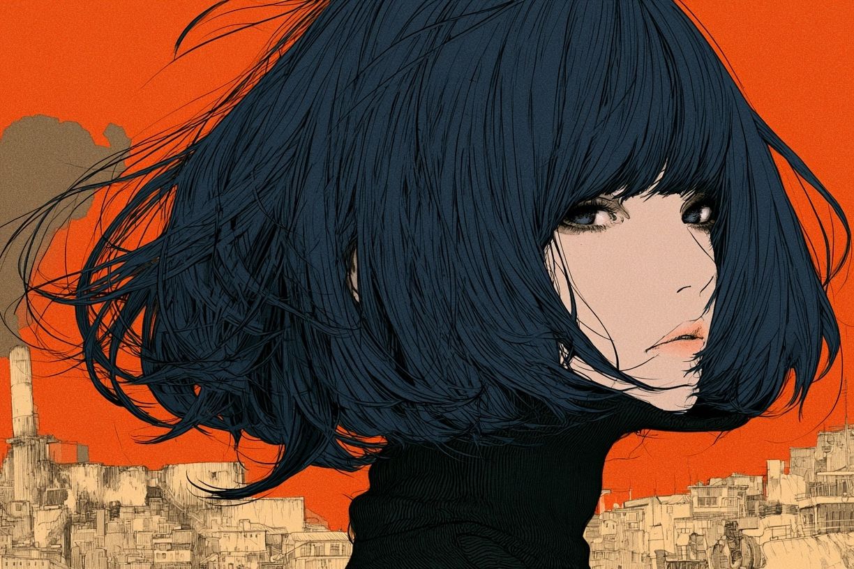 Blue-Haired Girl Cityscape Illustration Poster. poster detail