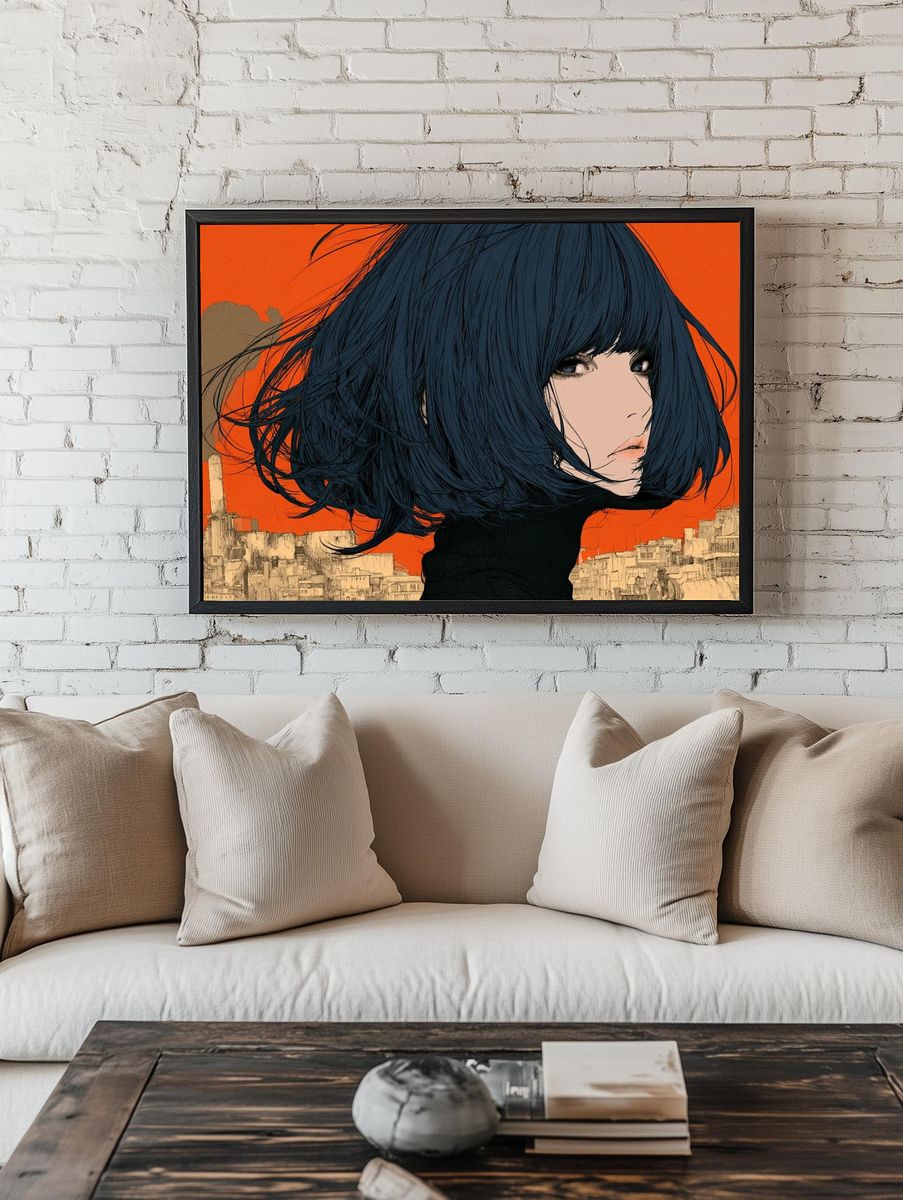 Blue-Haired Girl Cityscape Illustration Poster. room preview