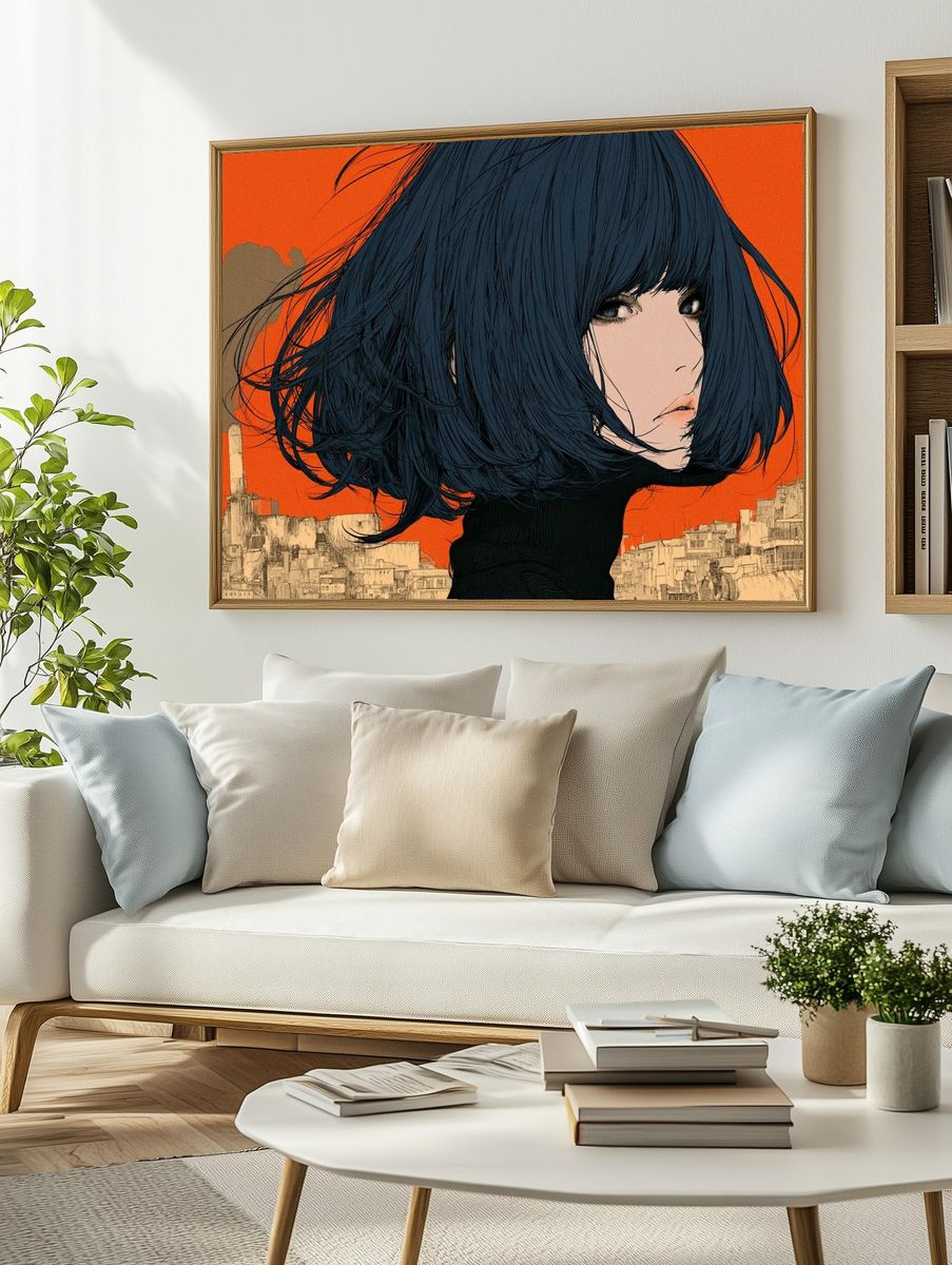 Blue-Haired Girl Cityscape Illustration Poster. — room view 2