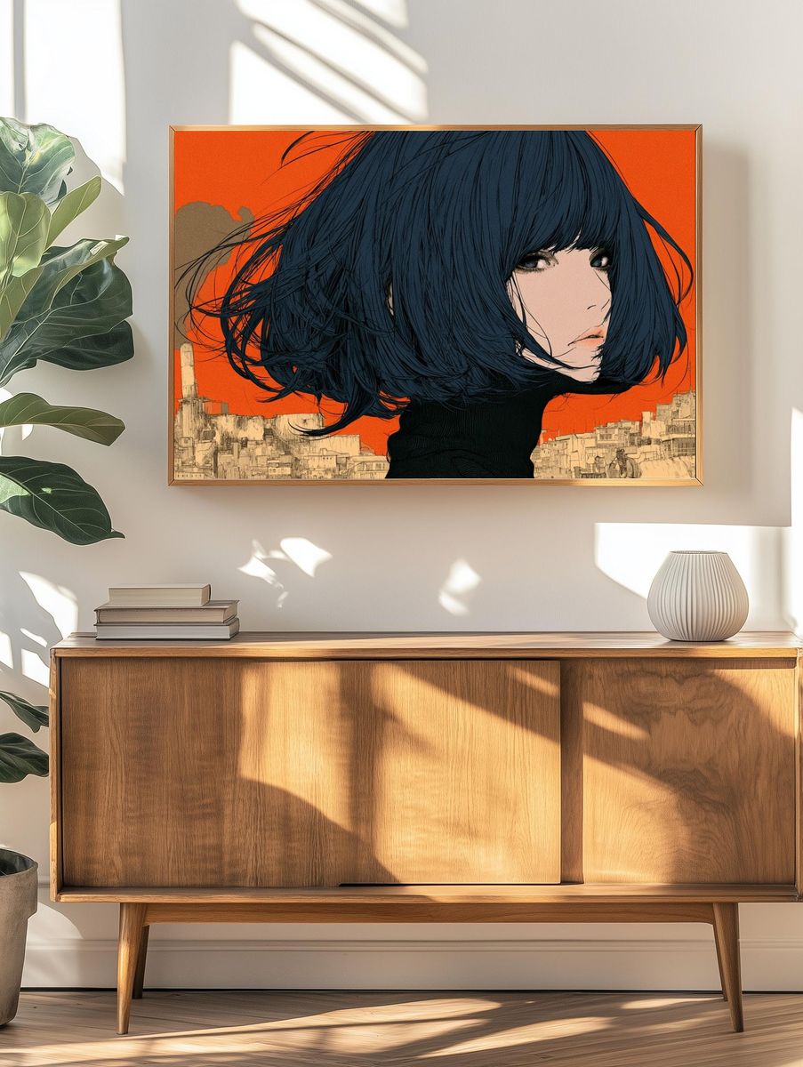 Blue-Haired Girl Cityscape Illustration Poster. — room view 3