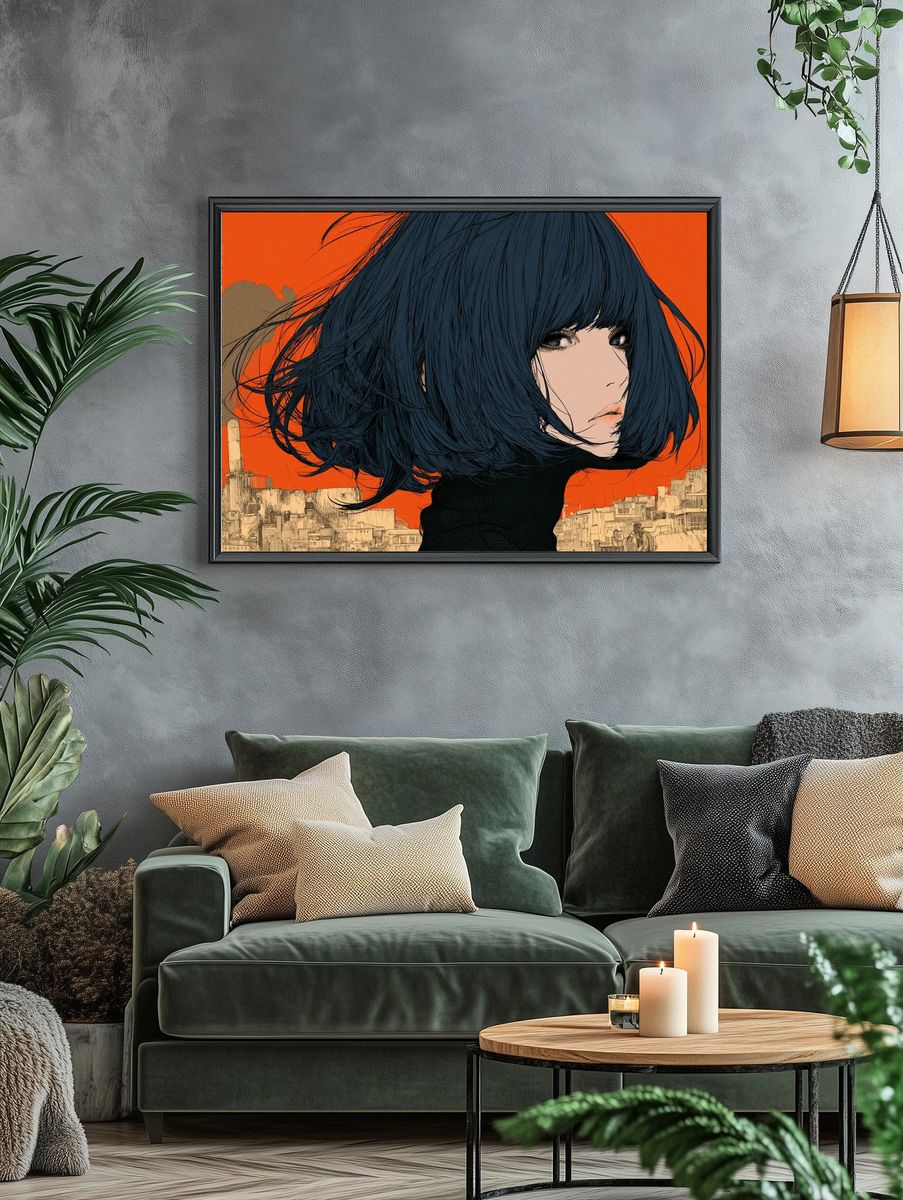 Blue-Haired Girl Cityscape Illustration Poster. — room view 4