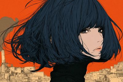 Blue-Haired Girl Cityscape Illustration Poster. poster