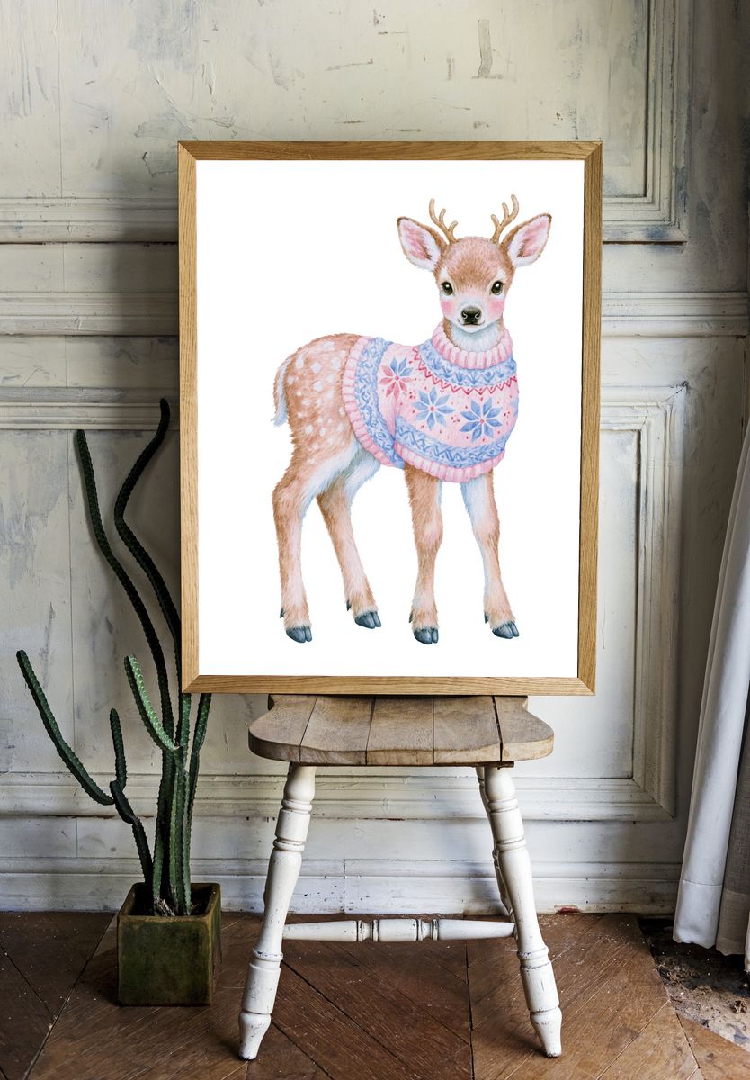 Watercolor Deer Fawn Poster. — room view 1