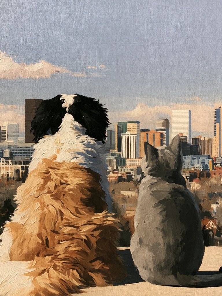 City View with Dog and Cat Poster. poster detail