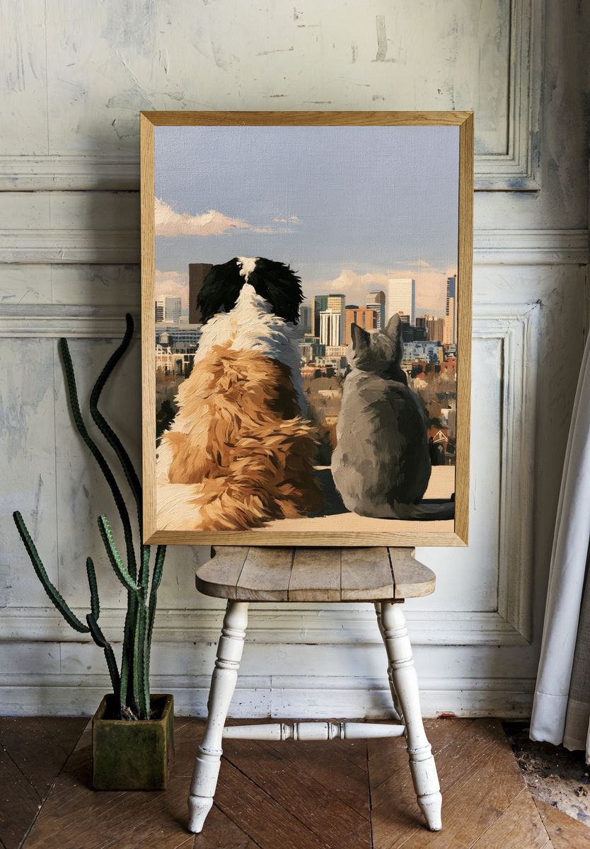 City View with Dog and Cat Poster. room preview