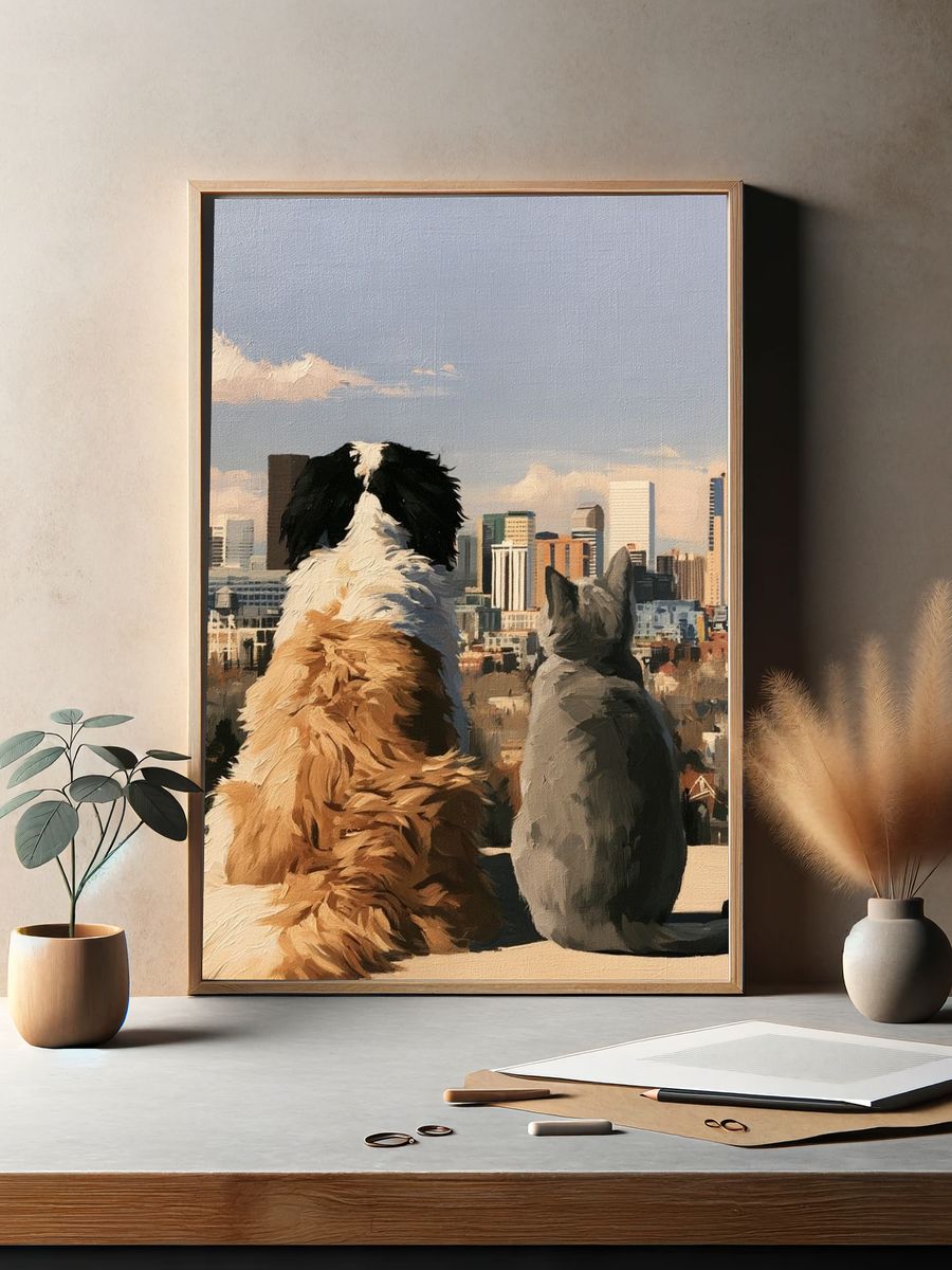 City View with Dog and Cat Poster. — room view 2