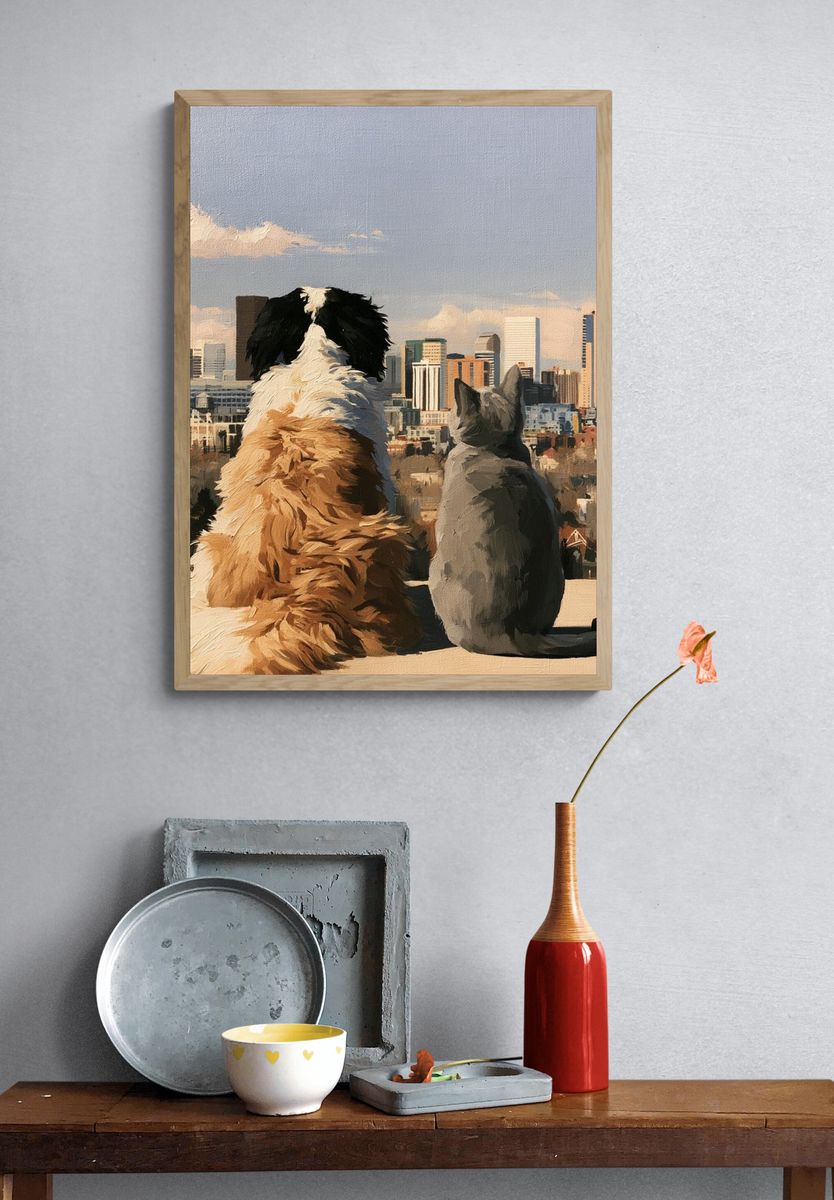 City View with Dog and Cat Poster. — room view 3