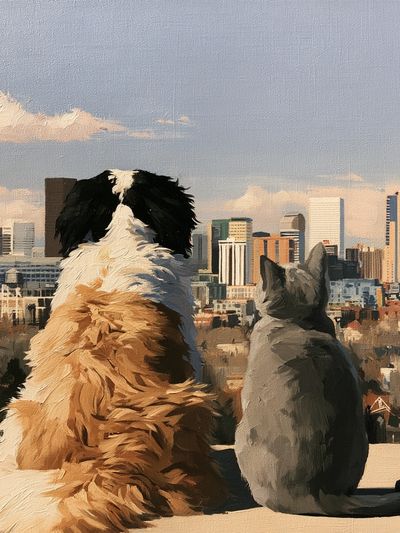 City View with Dog and Cat Poster. poster