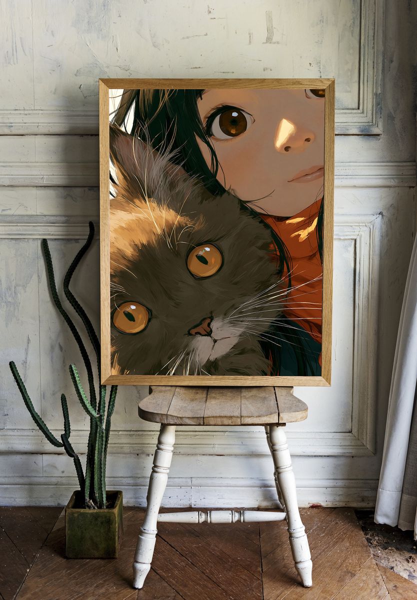 Girl and Cat Portrait Poster. — room view 1