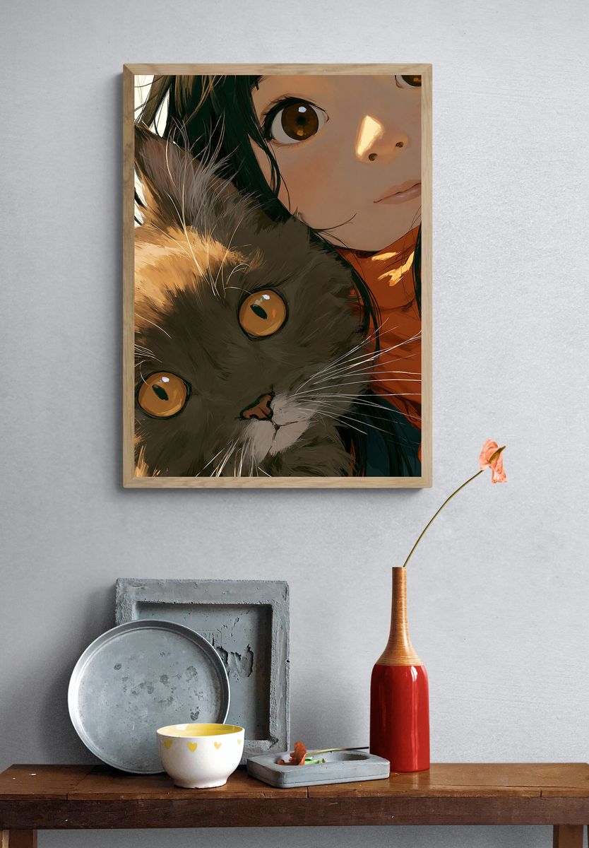 Girl and Cat Portrait Poster. — room view 3