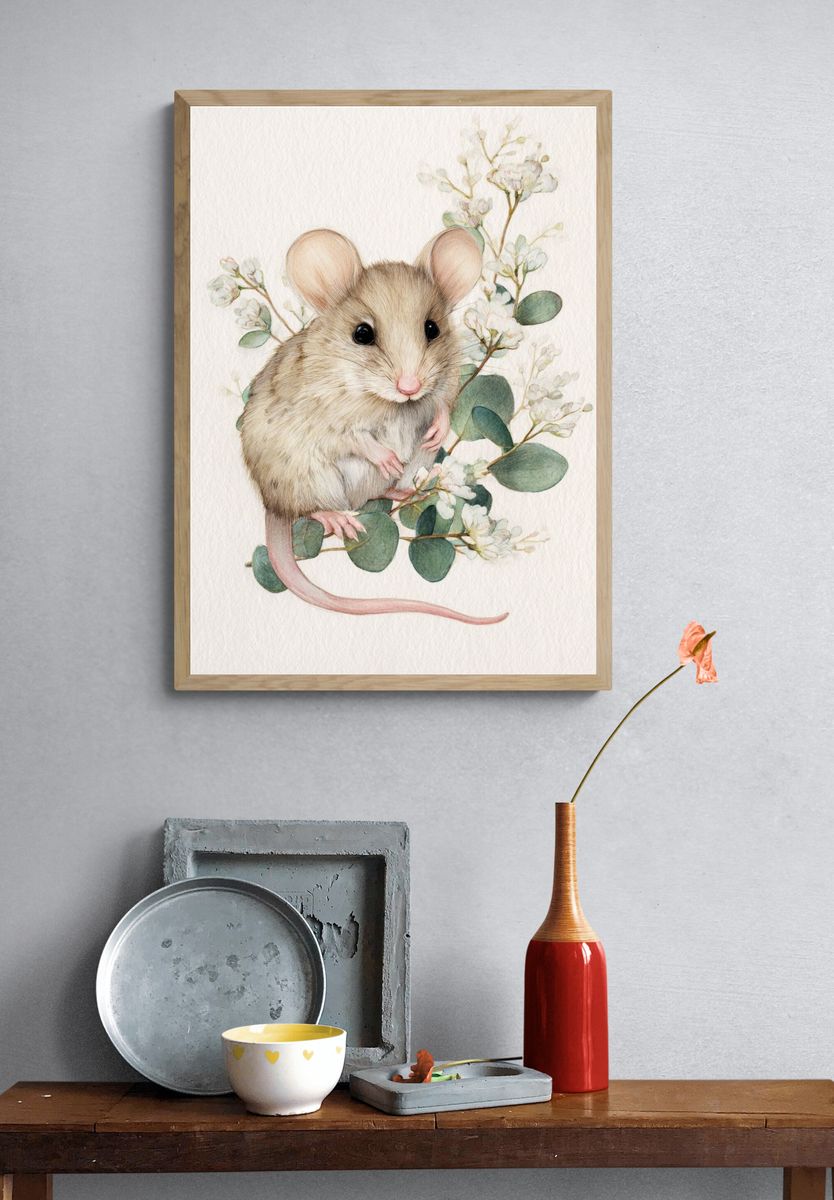 Mouse and Blossoms Watercolor Print. — room view 3