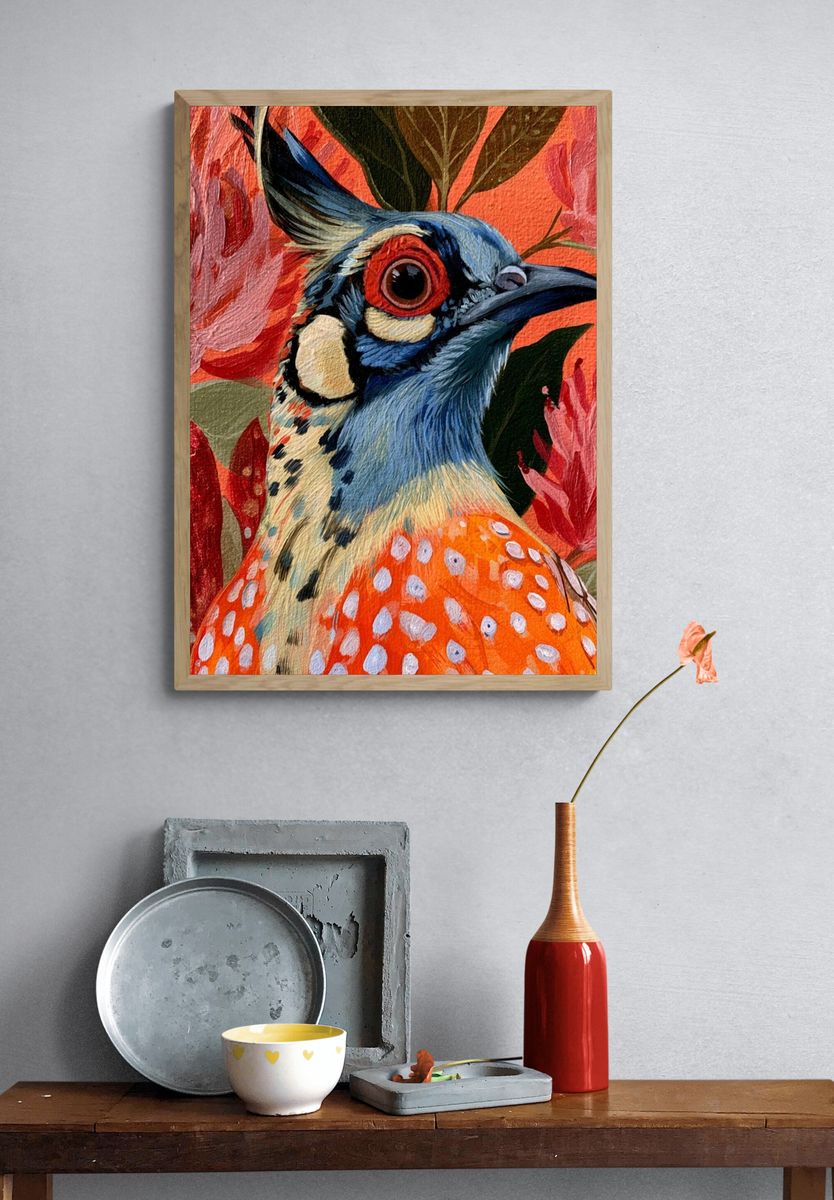 Colorful Bird and Floral Illustration Poster. — room view 3