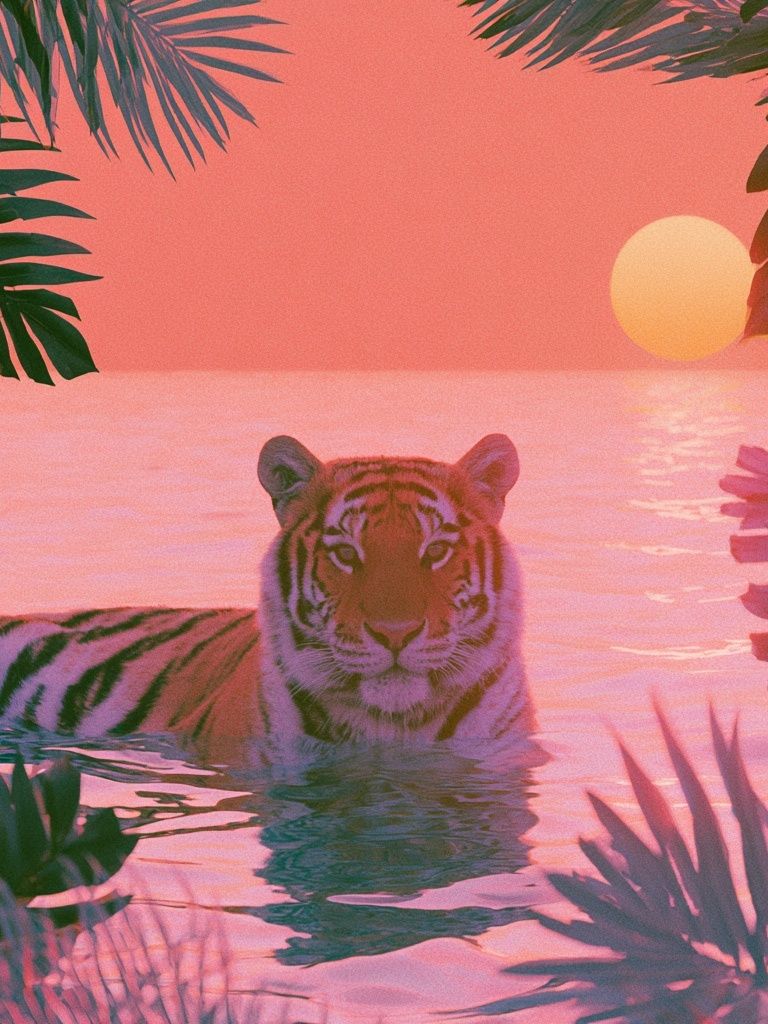 Pink Tiger Sunset Illustration Poster. poster detail