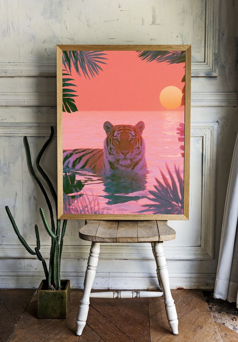 Pink Tiger Sunset Illustration Poster. — room view 1