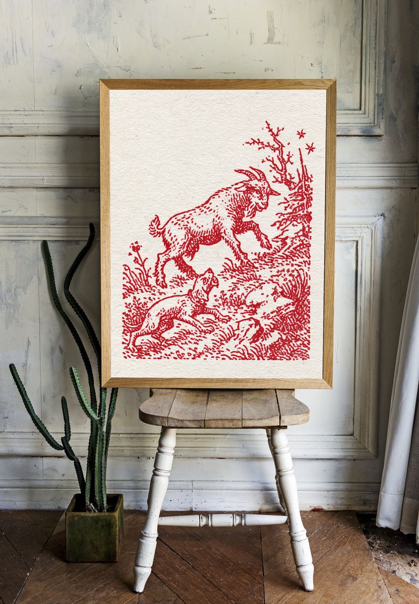 Red Goat in Meadow Illustration Poster. — room view 1