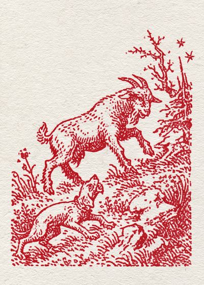 Red Goat in Meadow Illustration Poster. poster