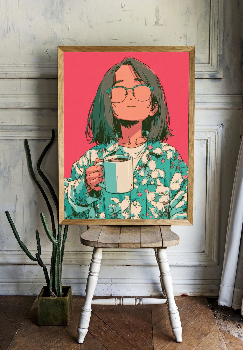 Coffee Break Portrait Illustration Poster. — room view 1