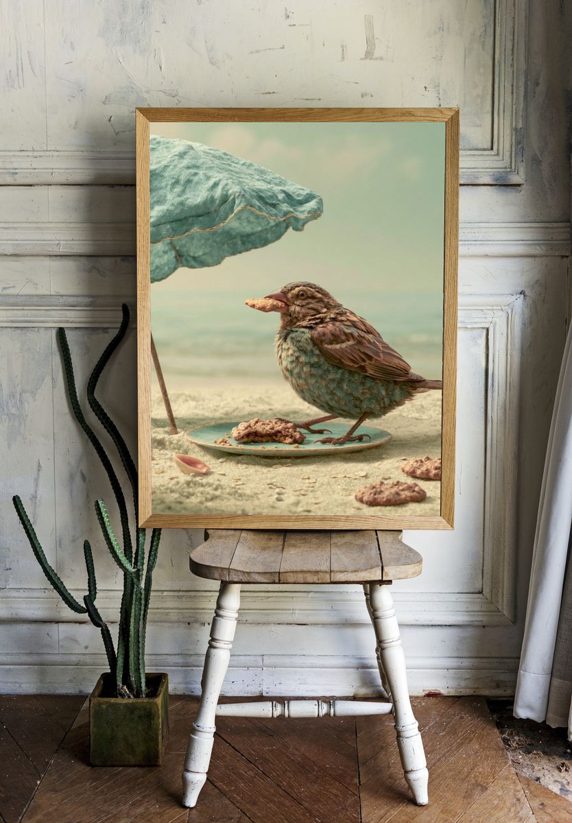 Seaside Bird with Umbrella Print. — room view 1
