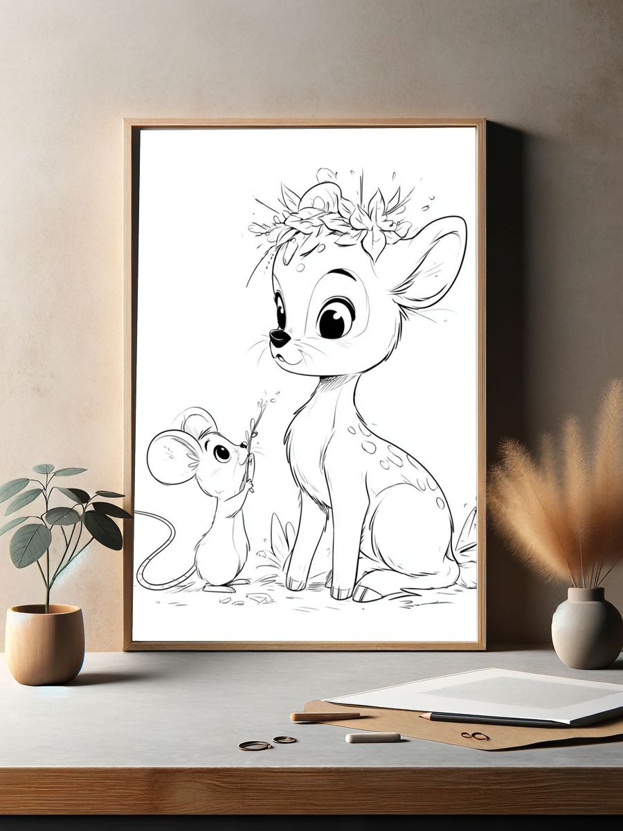 Deer and Mouse Line Art Poster. — room view 2