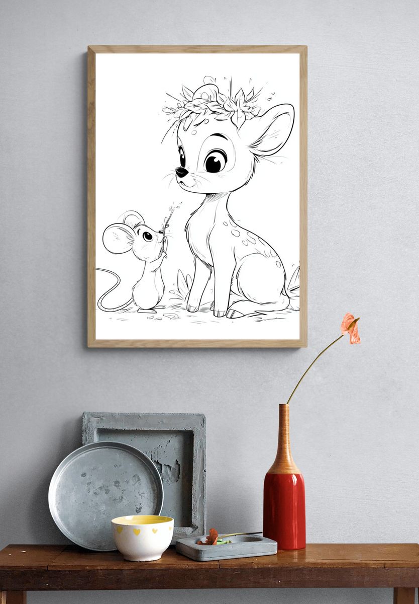 Deer and Mouse Line Art Poster. — room view 3
