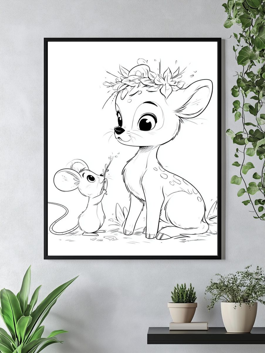 Deer and Mouse Line Art Poster. — room view 4